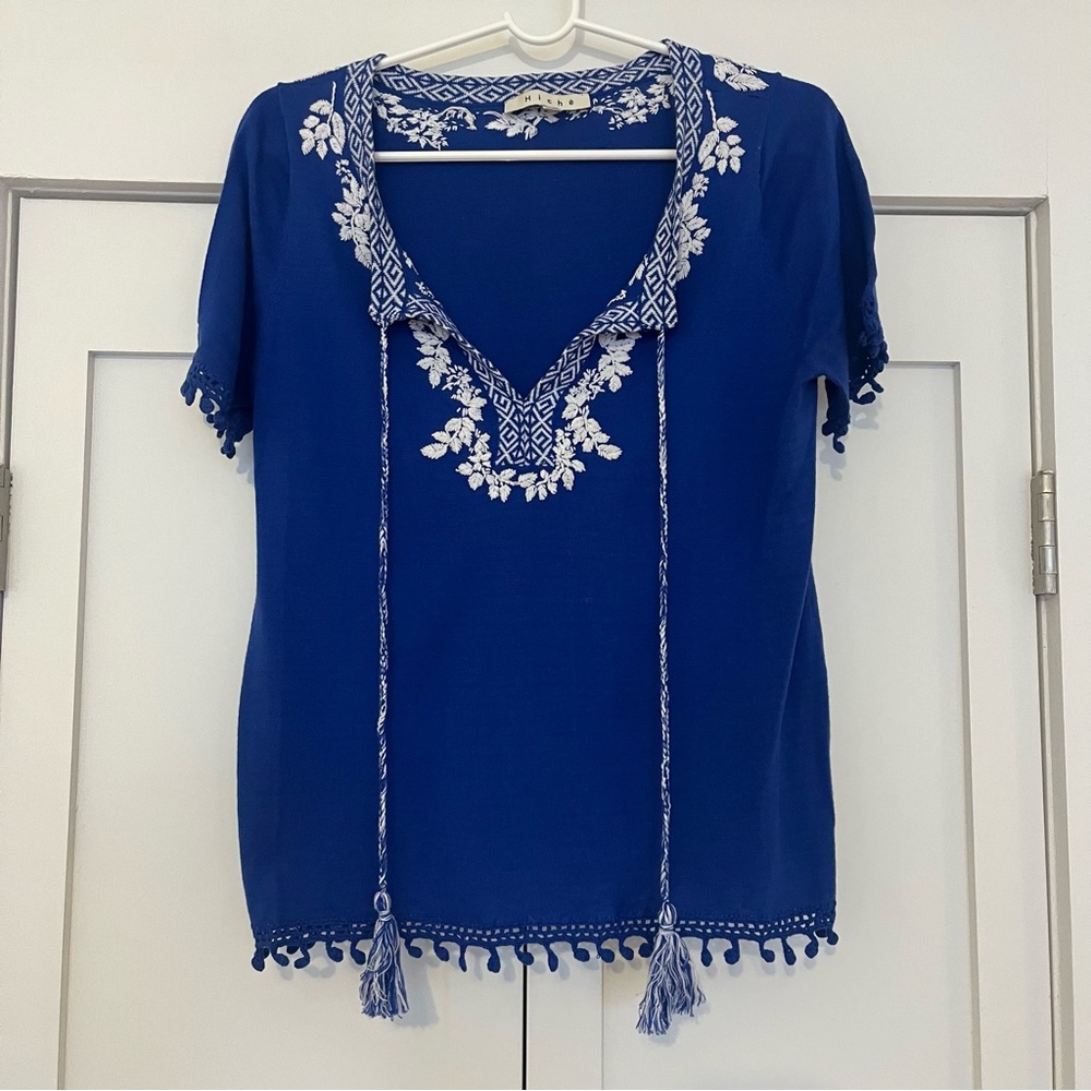 Hiche 100% Cotton Embroidered Knit Top in Coblat Blue XS